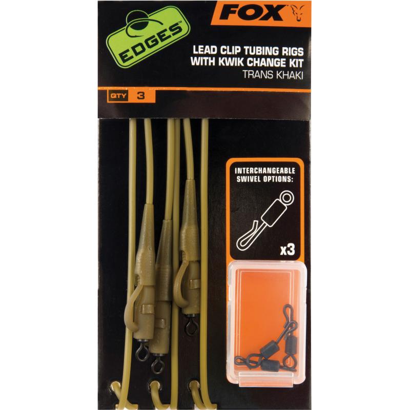 FOX Edges Trans Khaki Tubing Leadclip Rigs x 3 inc Kwik Change Kit