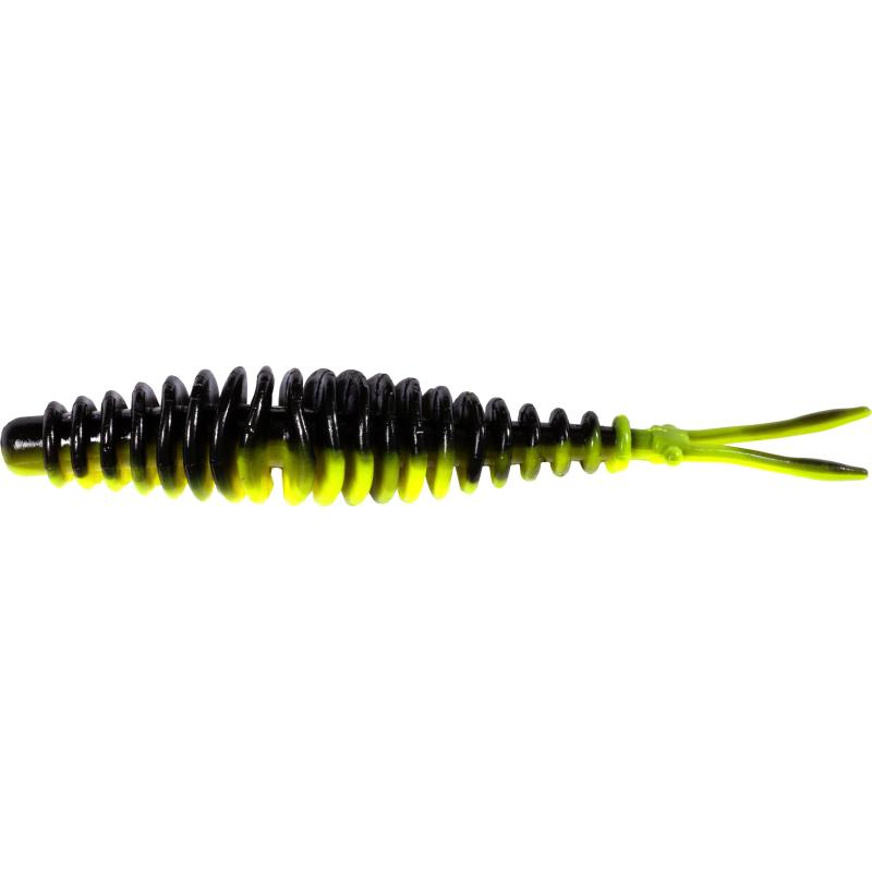 Magic Trout T-Worm 1g V-Tail neon geel / zwarte kaas 6,5cm 6 stuks