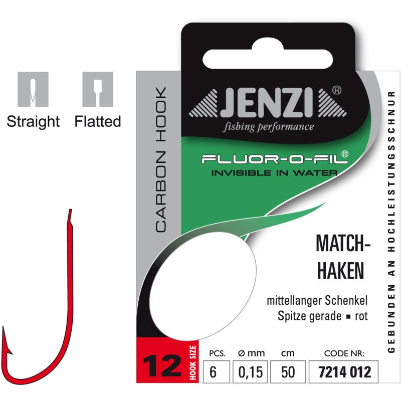 JENZI Match Hook gebonnen un Fluorocarbon Gréisst 12 0,15mm 50cm