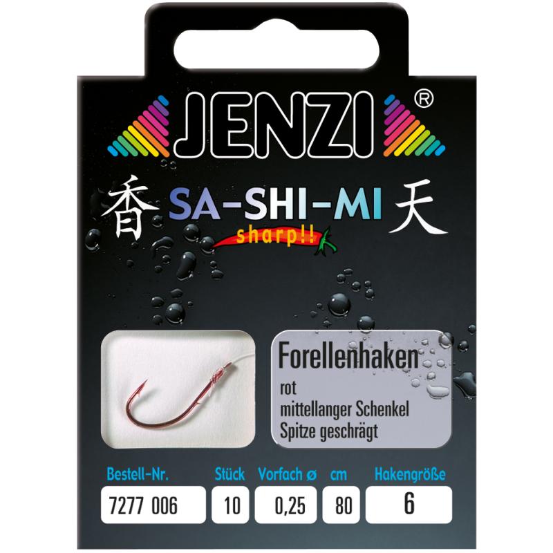 JENZI Forellenhaken SA-SHI-MI gebonnen Gréisst 6 0,25mm 80cm