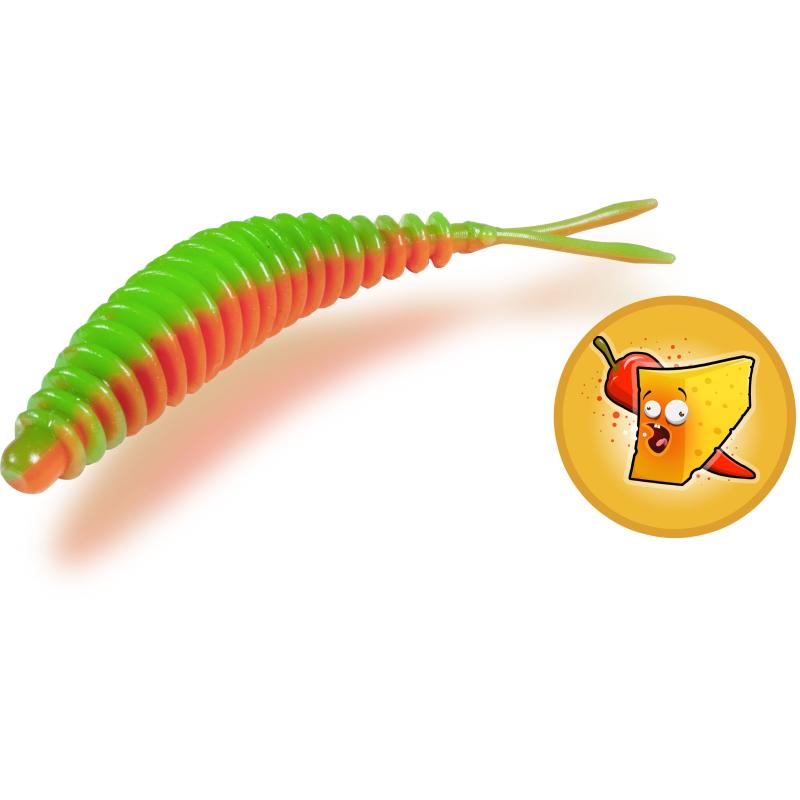 Magic Trout T-Worm 1g V-Tail neon grün/orange Käse 6,5cm 6 Stück