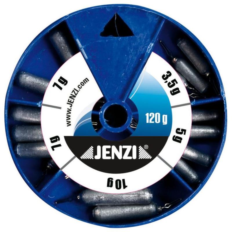 Assortiment de plomb JENZI drop-shot en boîtes rondes de 120 g de long