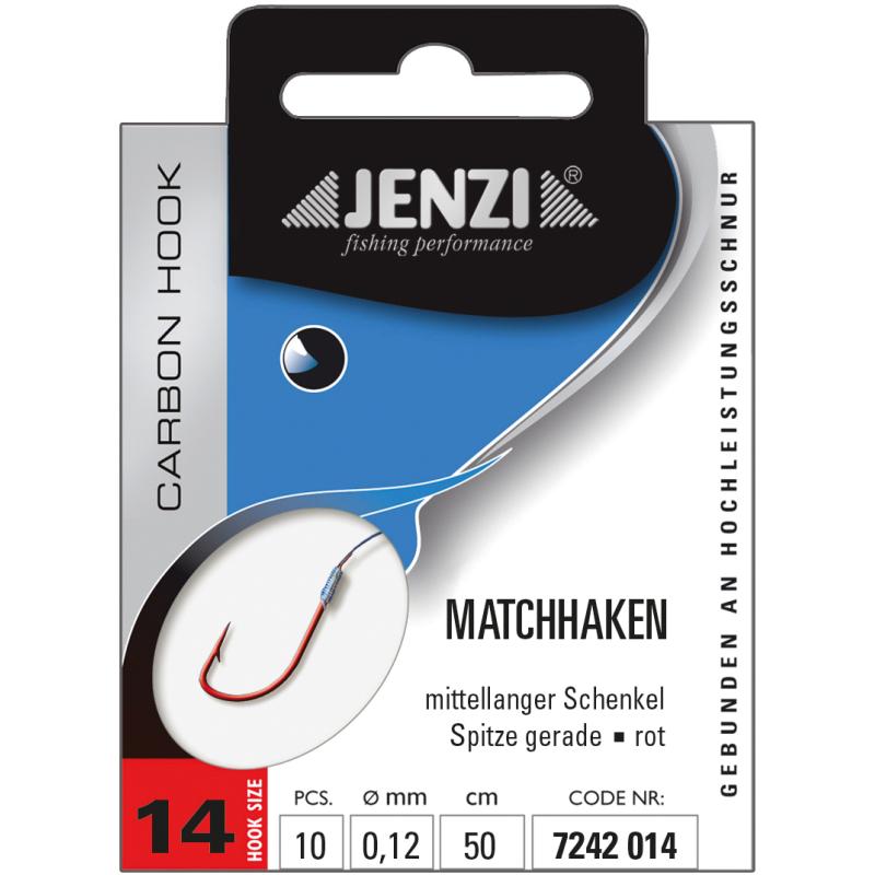 JENZI Match Haken gebonnen rout geschmidde Gréisst 14 0,12 mm 50cm