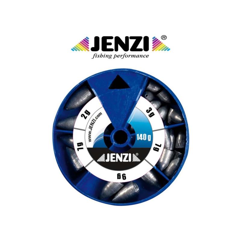 Assortiment de plomb JENZI Drop-Shot en boîtes rondes 140 g