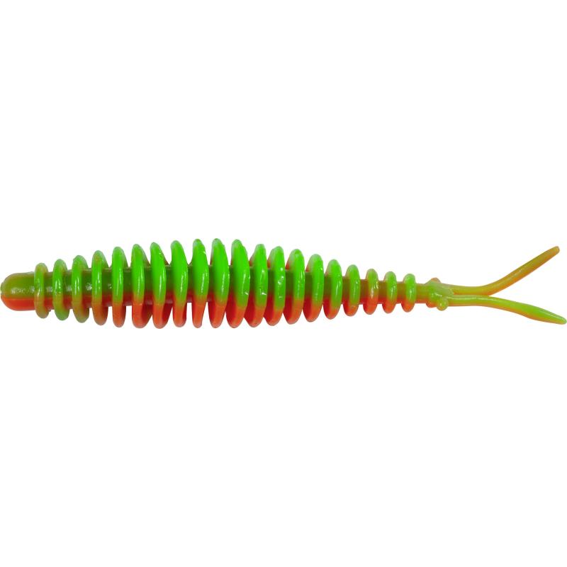 Magic Trout T-Worm 1g V-Tail neon groen / oranje kaas 6,5cm 6 stuks