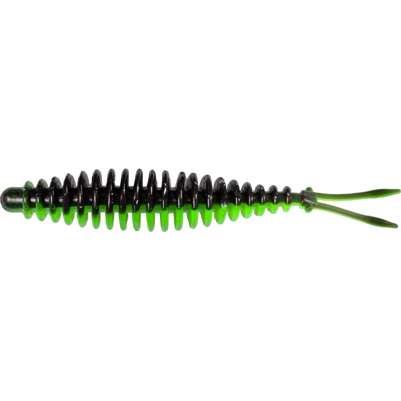 Magic Trout T-Worm 1g V-Tail neon groen / zwarte kaas 6,5cm 6 stuks