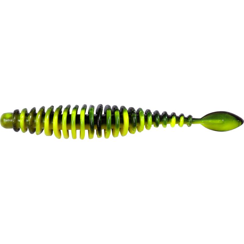 Magic Trout T-Worm 1g P-Tail neon geel / zwarte kaas 6,5cm 6 stuks