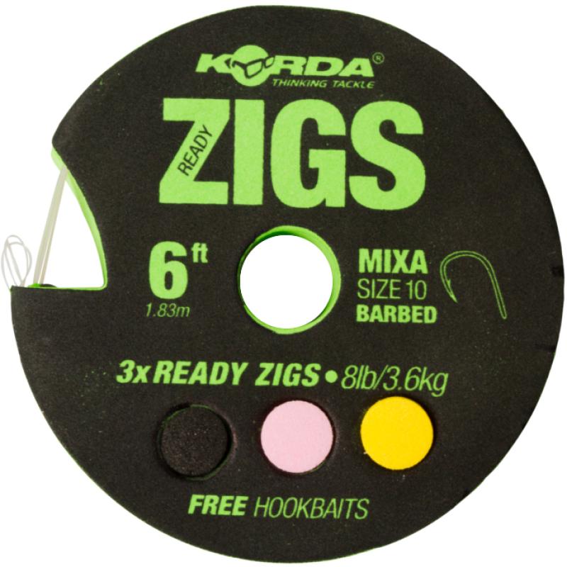 Korda Ready Zigs 6 'Barbless Maat 10 / 180cm / 3 zigs op spoel