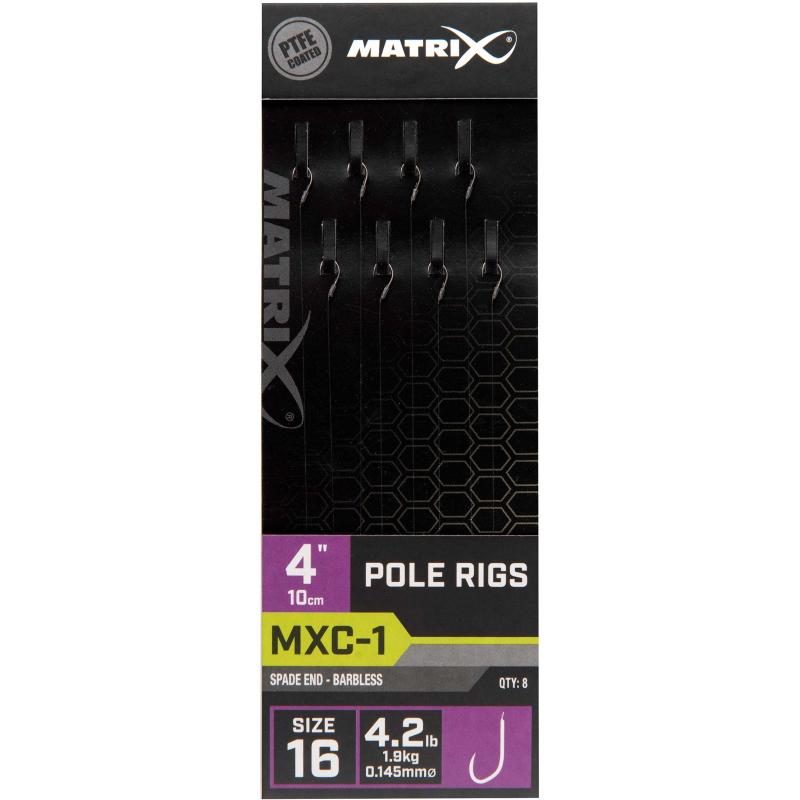 Matrix MXC-1 Maat 16 Barbless / 0.145mm / 4" (10cm) Pole Rig - 8 stuks