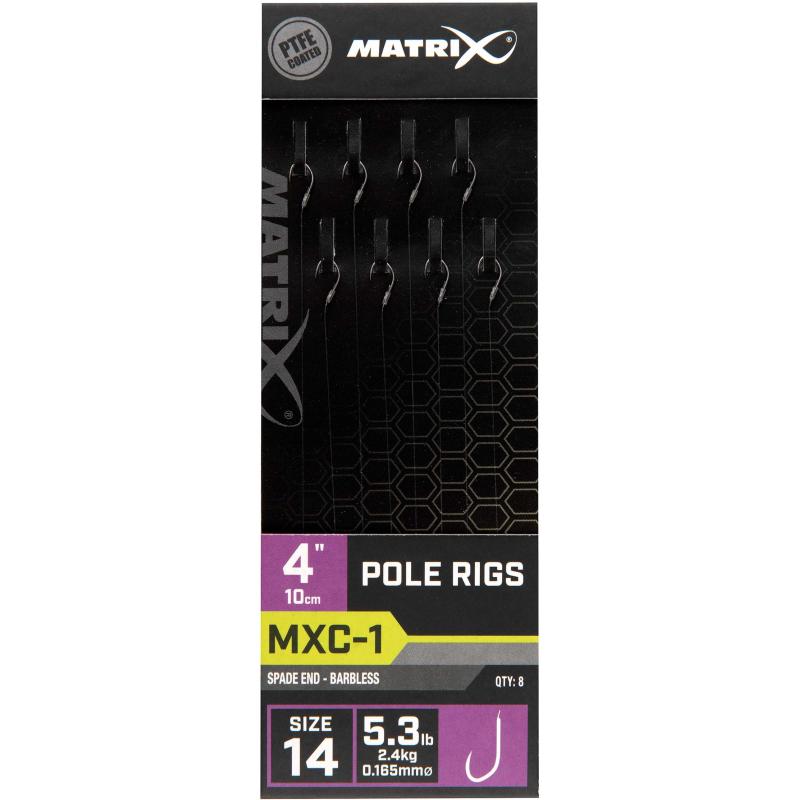 Matrix MXC-1 Maat 14 Barbless / 0.165mm / 4" (10cm) Pole Rig - 8 stuks