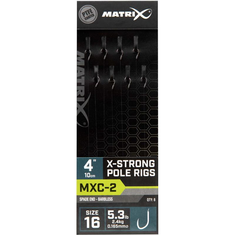 Matrix MXC-2 Size 16 Barbless / 0.165mm / 4" X-Strong Pole Rig - 8pcs
