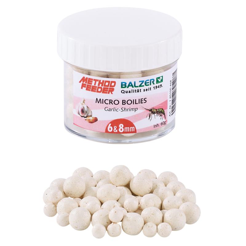 Balzer Method Feeder Bouillettes 6 et 8 mm mixte blanc-ail-crevettes 60g