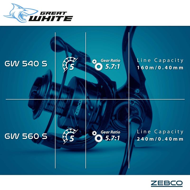 Zebco Great White 560 S BB5 240m/0,40mm alimentation 106cm 5,7:1 étrier de frein 10 kg