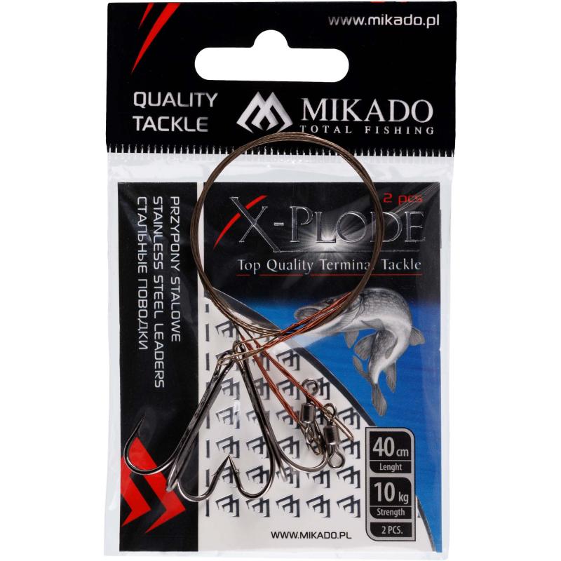 Mikado steel leader - with swivel and treble hook 40cm/10Kg - brown - 2 pieces 1