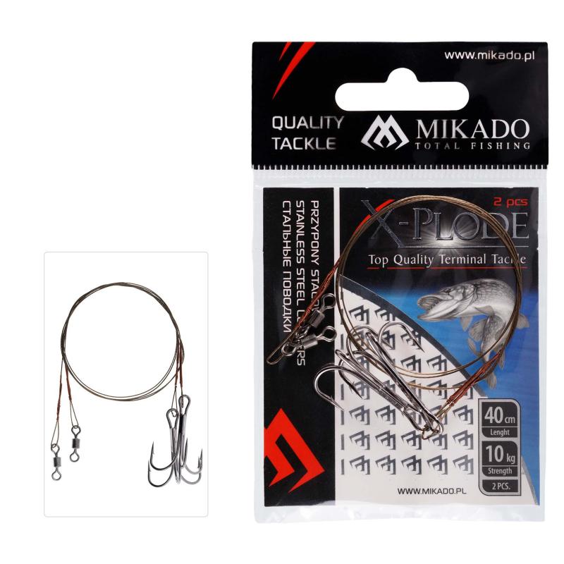 Mikado steel leader - with swivel and treble hook 40cm/10Kg - brown - 2 pieces 2
