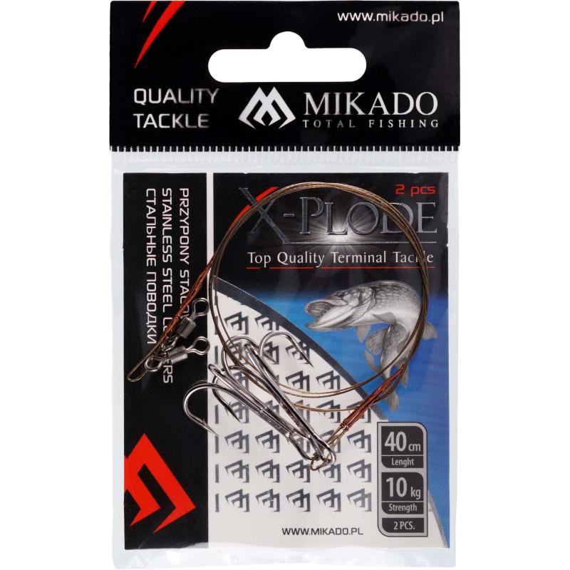 Bas de ligne mikado acier - avec émerillon et hameçon triple 40cm/10Kg - marron - 2 pièces 2